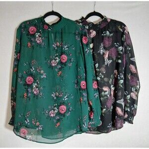 -LOT- Torrid Black Green Chiffon Blouse Plus Size 2 Long Sleeve Top #675
